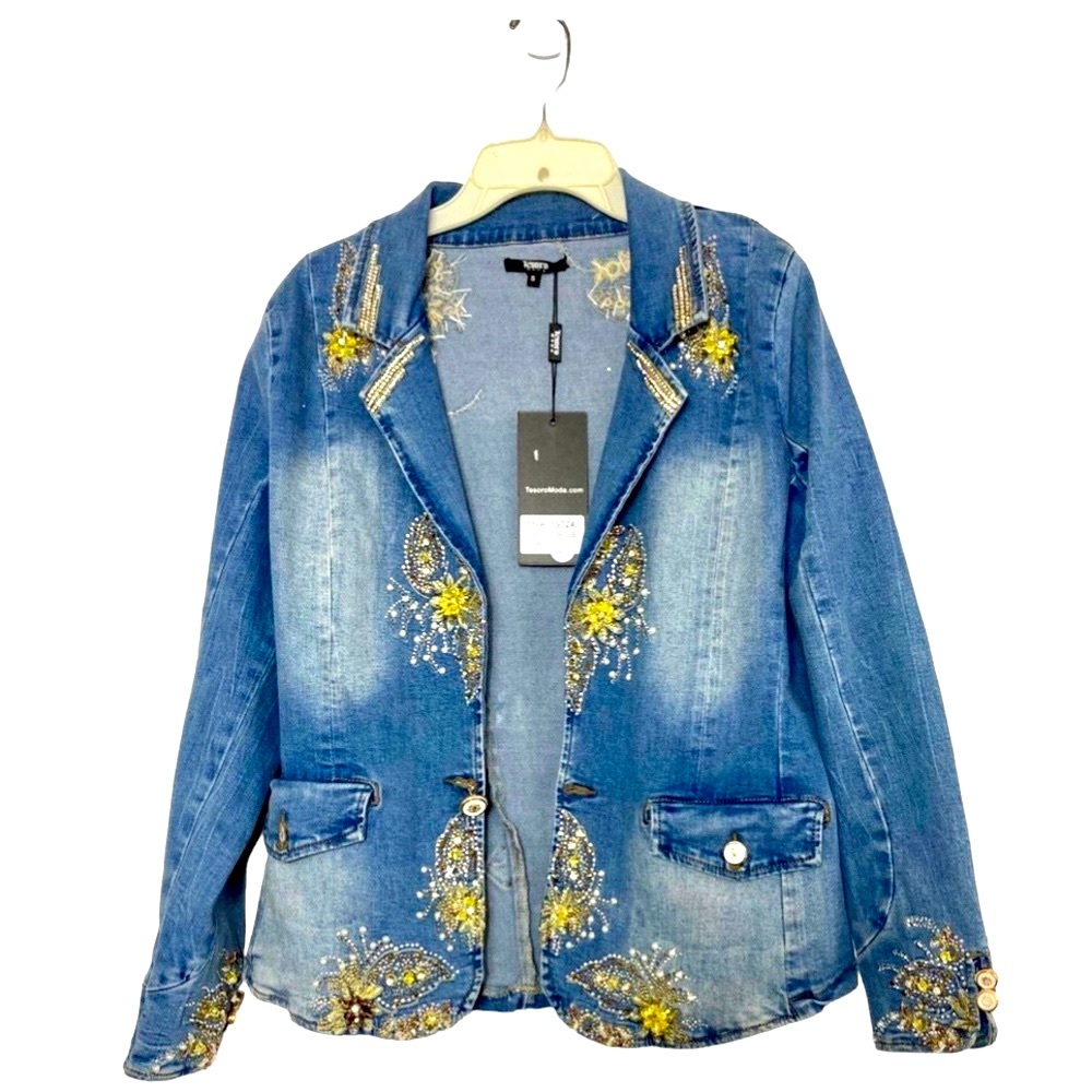 NWT TESORO MODA Beaded Light Blue Denim Jacket Sz. Small